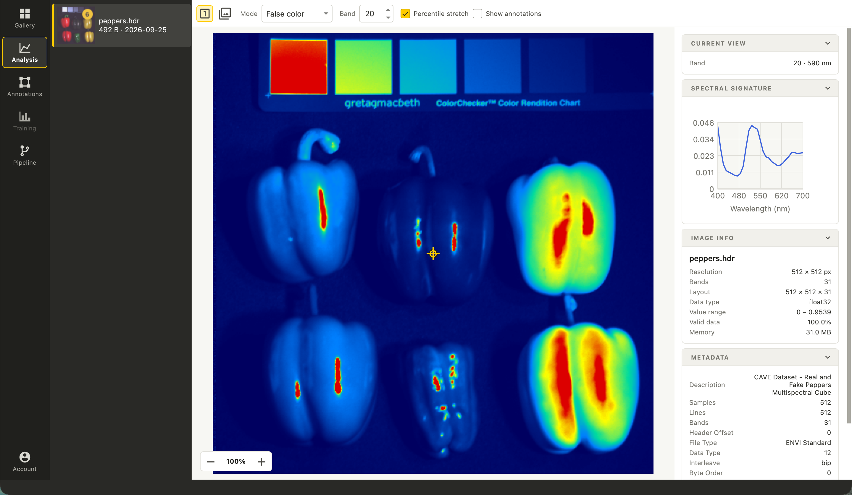 False-color spectral view of a peppers scene in Vision Studio
