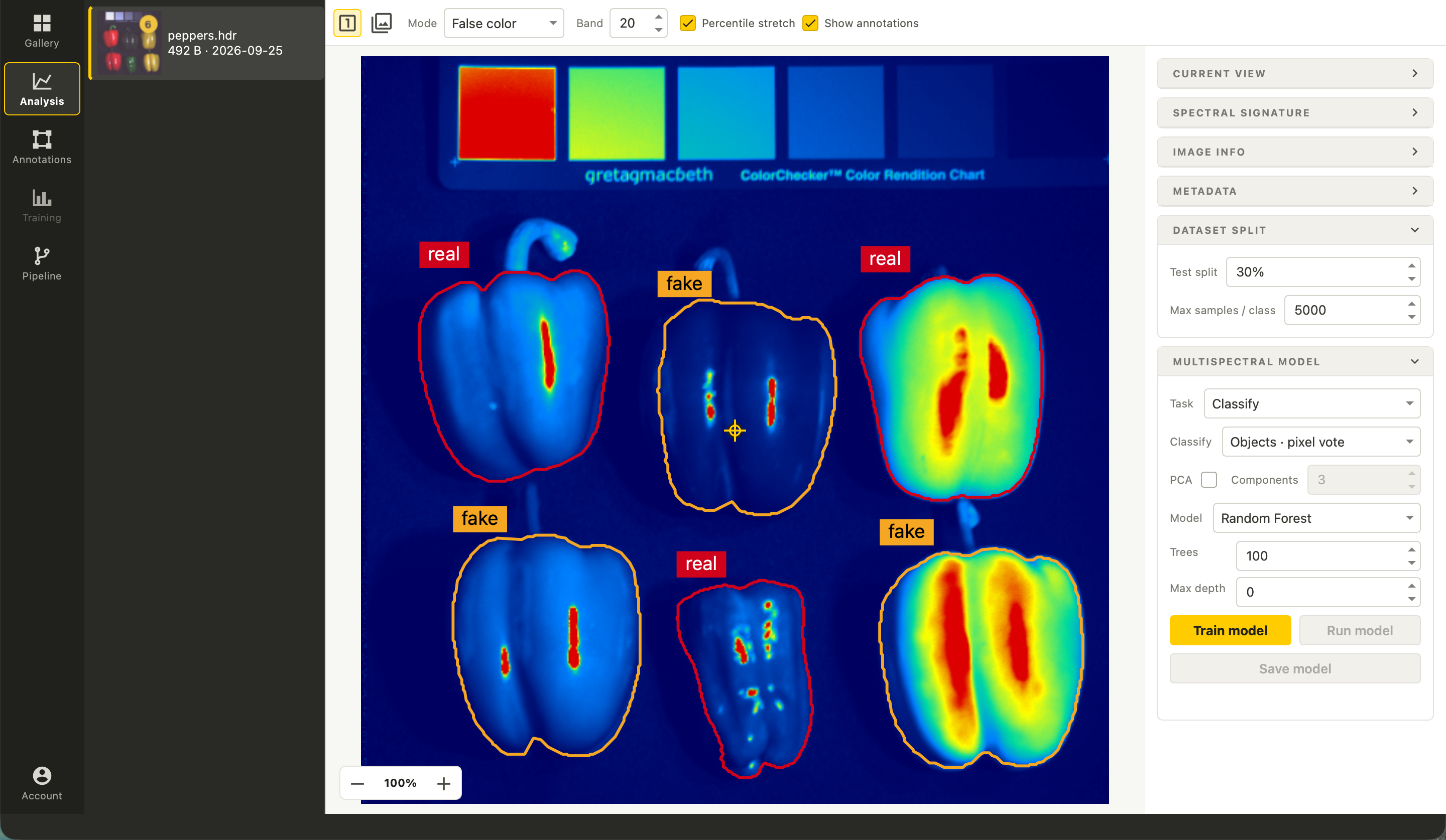 Vision Studio multispectral scene with annotated objects and classifier controls