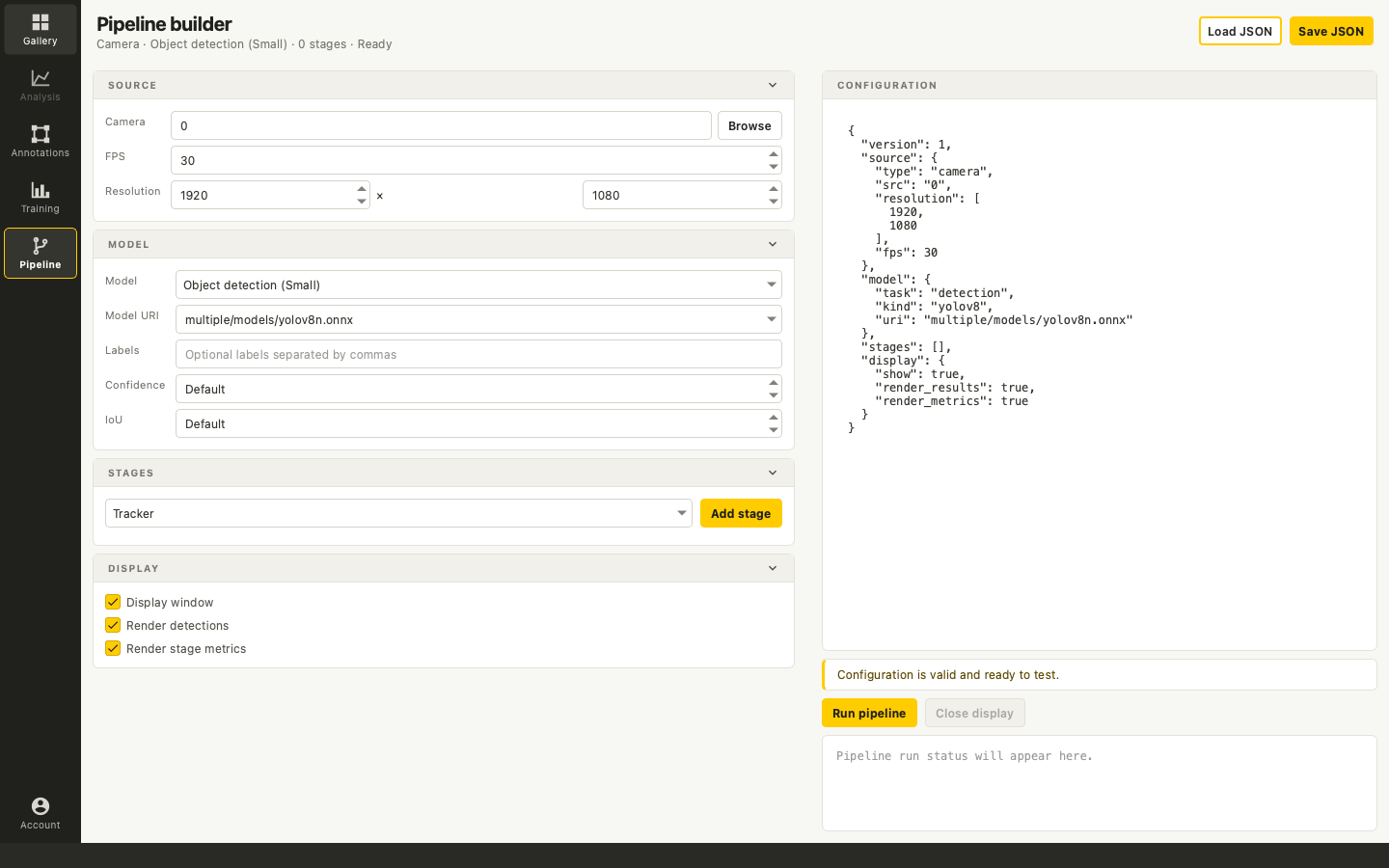 Vision Studio pipeline editor showing a local vision workflow
