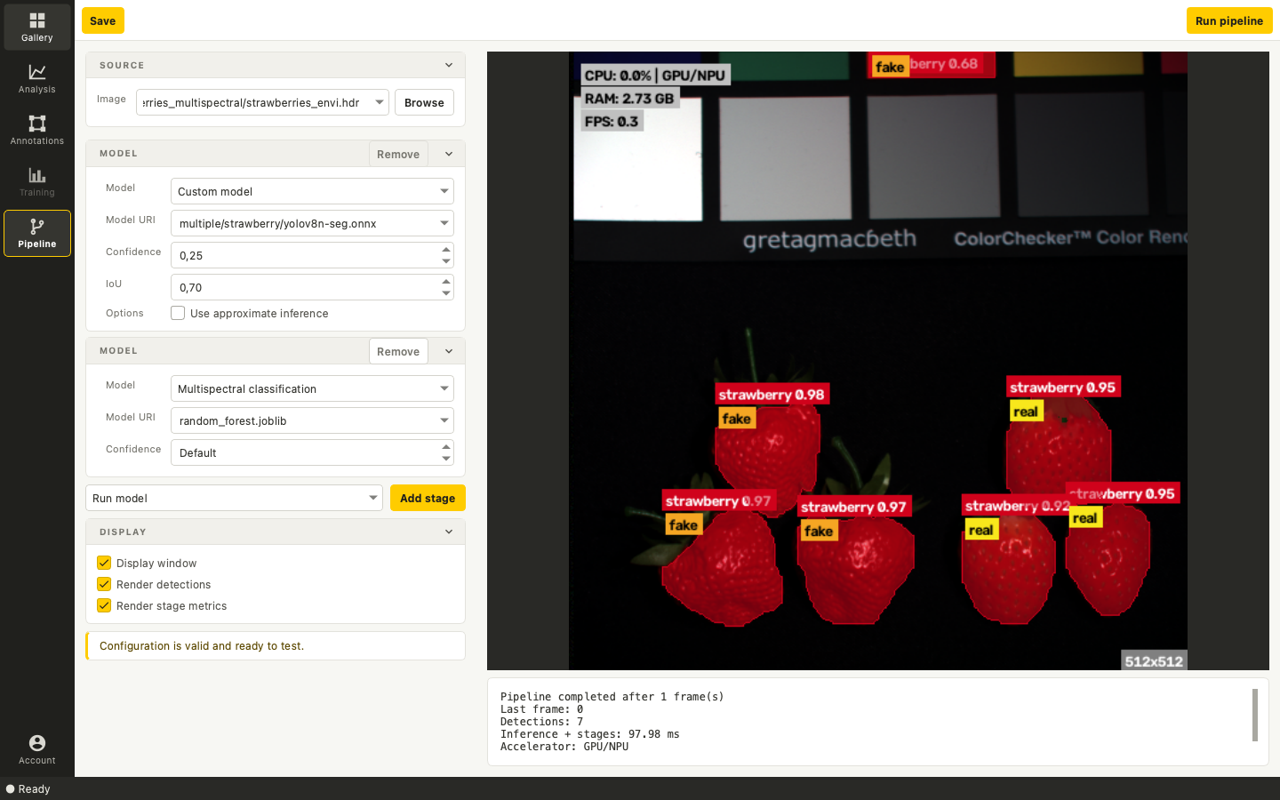 Vision Studio strawberries pipeline showing segmentation and spectral classification