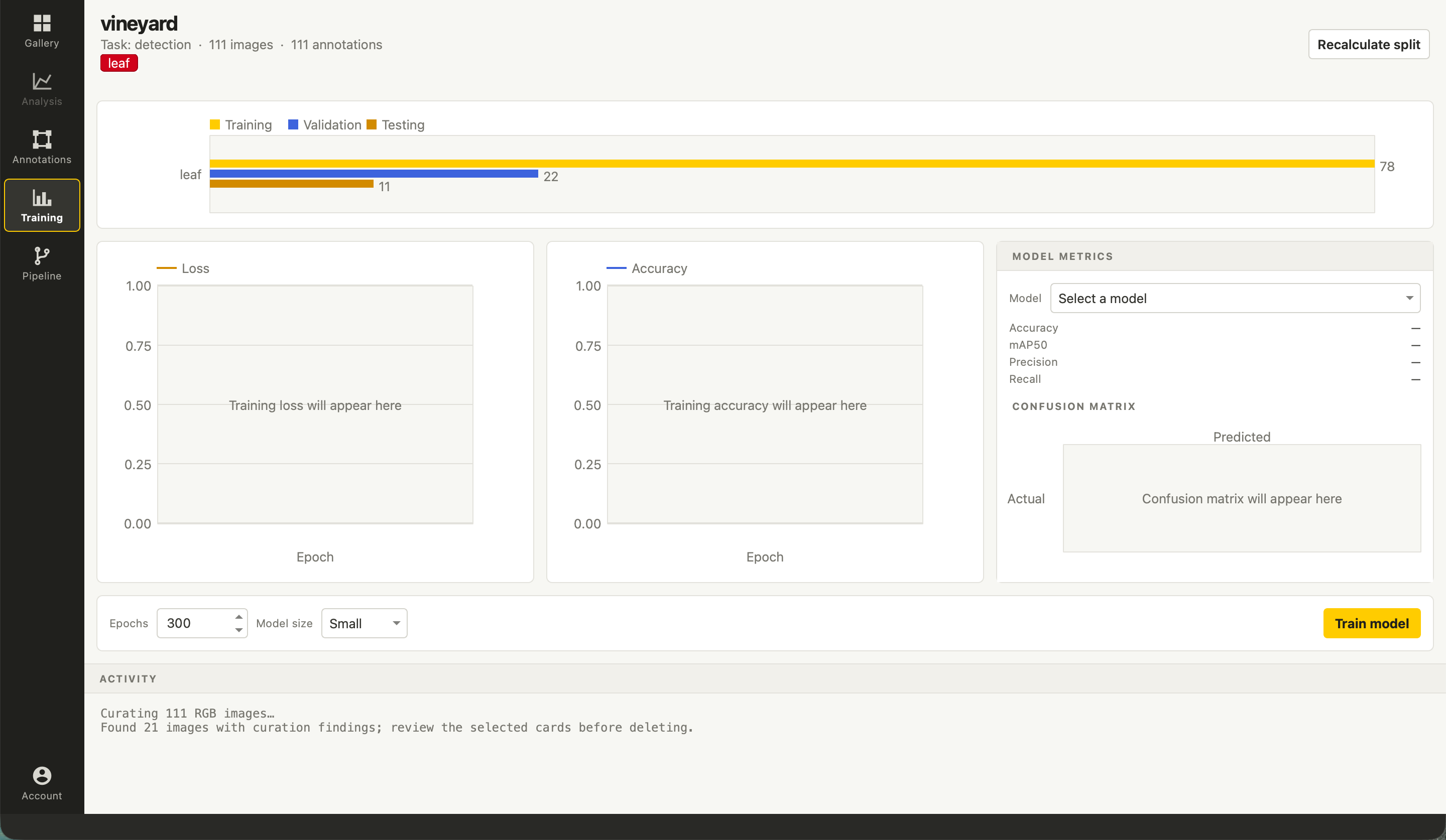 Vision Studio training screen with controls and model metrics